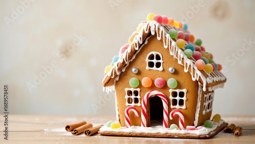 New Year gingerbread house with cinnamon on wood. Copy space