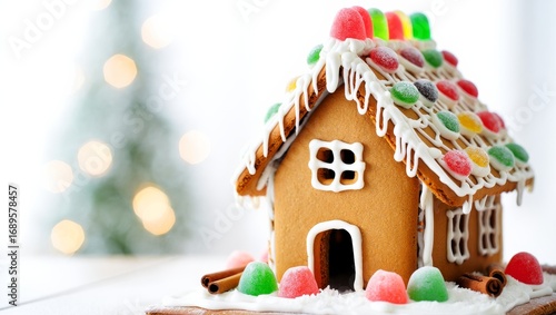 New Year gingerbread house with cinnamon on wood. Copy space