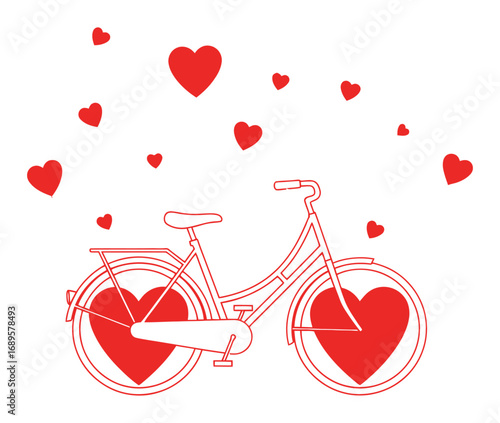 A charming red line art bicycle with love heart wheels, a minimalist vector illustration celebrating a romantic journey and affection.
