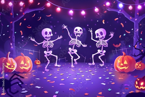 Cartoon skeletons dancing joyfully with glowing pumpkins in purple neon light, spooky Halloween celebration illustration with eerie festive vibe