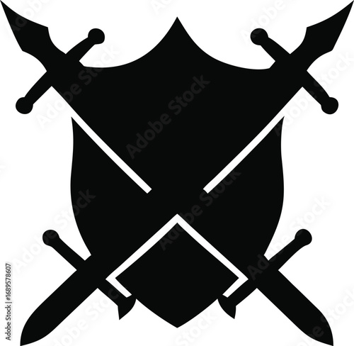 Heraldic shield and crossed swords silhouette emblem symbol emblematic design representing strength protection and combat readiness silhouette