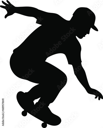 Dynamic black silhouette of a skateboarder performing a trick on silhouette