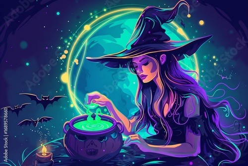 Beautiful neon cartoon witch with long hair wearing hat, glowing pumpkin light, fantasy Halloween artwork with magical atmosphere in vibrant colors