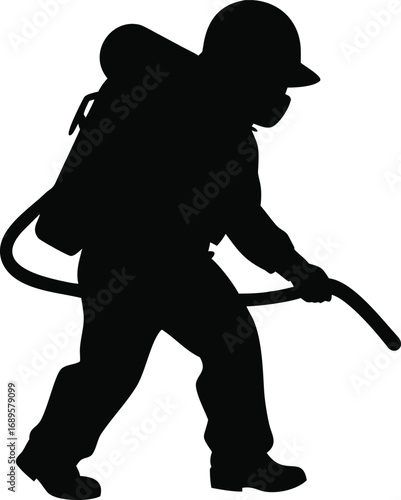 Silhouette of a brave firefighter in action holding a hose ready to combat flames silhouette