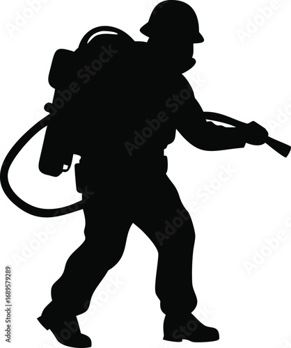 Silhouette of a firefighter in action with protective gear and hose ready for emergency response silhouette
