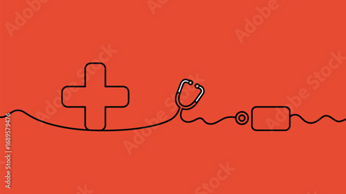 A single line drawing of a medical plus sign stethoscope and sensor on a red orange background design art