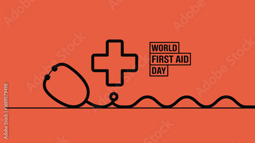 World first aid day illustration with stethoscope and cross on orange background for medical awareness campaign