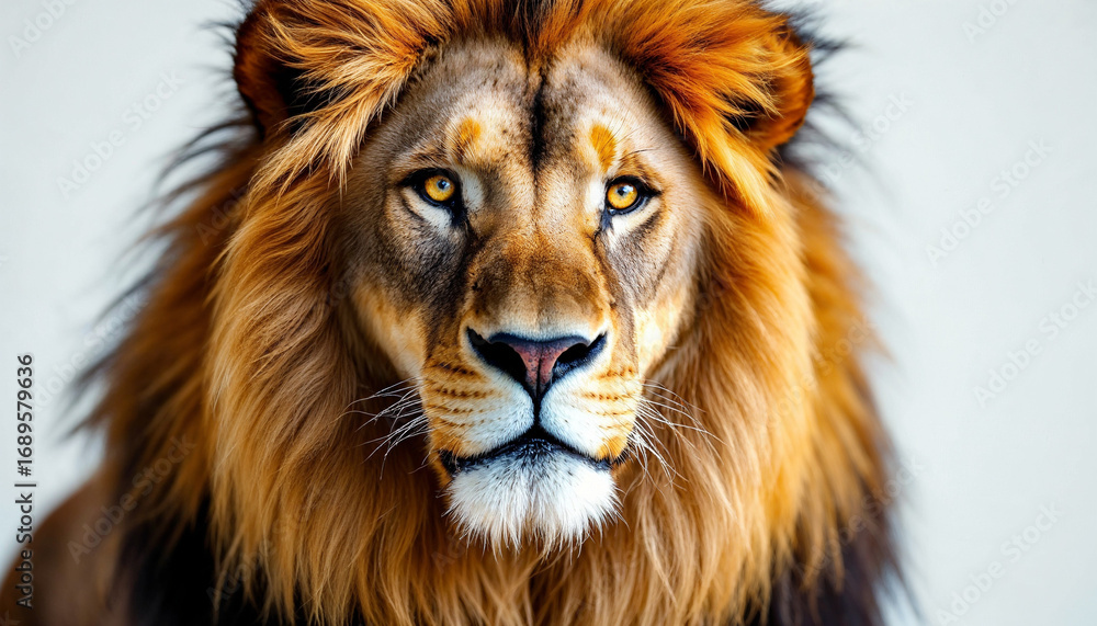 Fototapeta premium Majestic male lion portrait with flowing golden mane on white background
