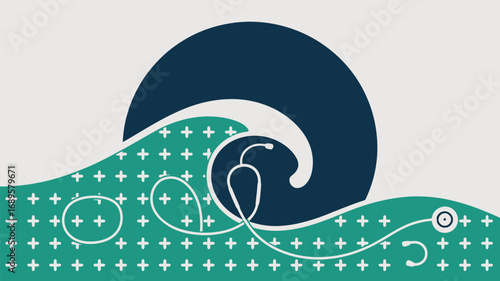 Abstract medical illustration with stethoscope wave and plus sign pattern on a white background