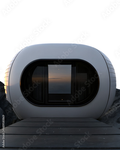 Modern Pod House on a Rocky Landscape at Sunset..