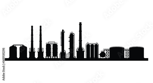 industrial factory silhouette with tall chimneys and storage tanks
