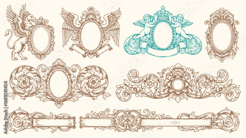 Vintage Baroque Victorian frame border flower pattern vector floral engraved scroll ornament leaf retro decorative design. filigree calligraphic heraldic shield swirl