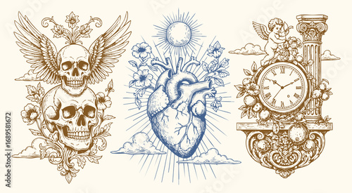 Vintage engraving collection featuring skull, griffin, anatomical hearts, columns, cherub, fruits, wings, clock, and ornate classical elements.