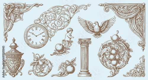 Vintage engraving collection featuring skull, griffin, anatomical hearts, columns, cherub, fruits, wings, clock, and ornate classical elements.
