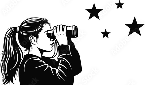 Silhouette of person looking through binoculars at stars, black vector illustration symbolizing exploration, curiosity, vision, search and discovery