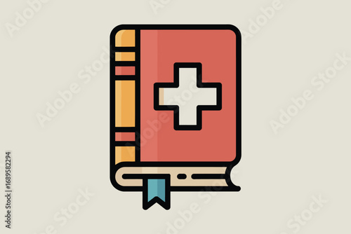 A stylized illustration of a medical book with a red cover and a white cross symbol on the front cover