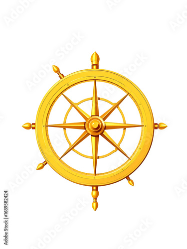 Illustration of a golden gyroscope with multiple rings and a central axis on a white background view