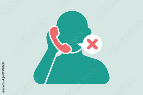 Illustration of a person holding a red phone with a red x in a speech bubble next to their mouth