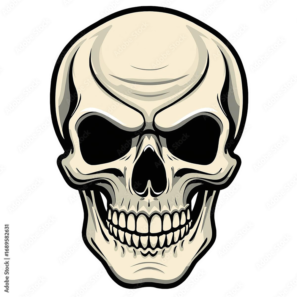 Fototapeta premium Stylized skull with dark eye sockets and bared teeth on white background head skeleton