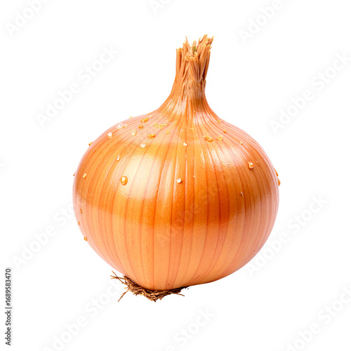 Fresh brown onion with water droplets on white background  