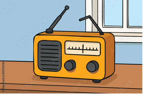 The old radio is on the table.