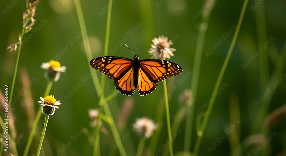 Obraz premium Monarch Butterfly Resting on a Wildflower in a Green Field.
