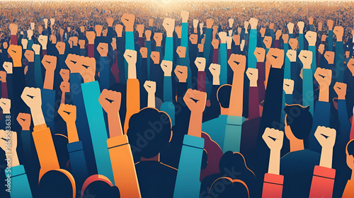 Many people rising hands fists, rallies and protests.
