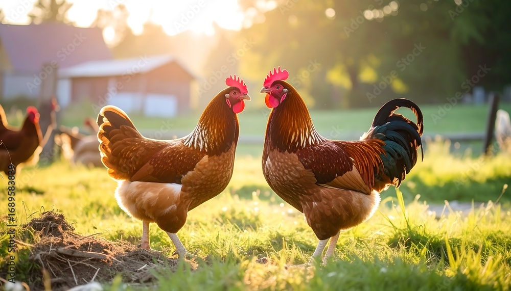 Fototapeta premium Two roosters in a grassy field at sunrise