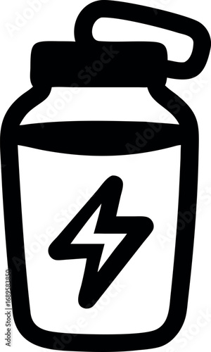 Minimalist outline of a gym water bottle or protein shake container with an electric power symbol, for fitness and workout concepts