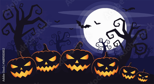 Halloween night background with glowing jack-o'-lanterns, dark spooky trees, full moon, and flying bats. Eerie celebration asset.