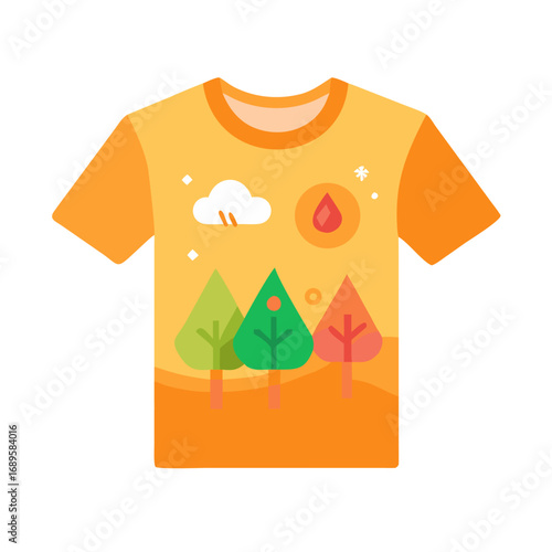 Colorful vector illustration of a t-shirt featuring trees and nature elements