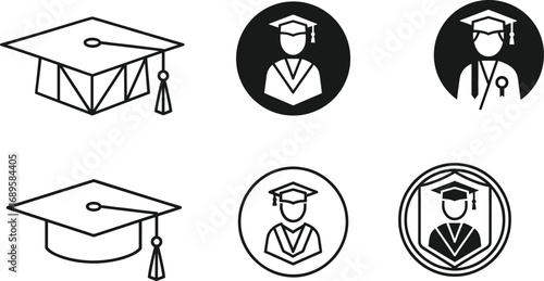 Graduation icon vector set featuring caps, diplomas, academic figures, and celebratory symbols for education, achievement, ceremony, and student success