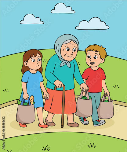 Helpful children helping carry the old lady's bags.