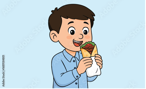 A little boy eating raw meatballs in flatbread.