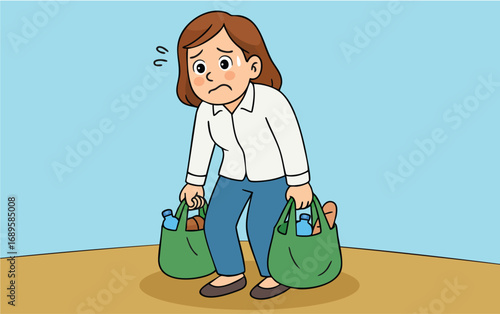 A woman who can't carry the bags in her hand. A tired woman. A woman who can't lift the bags.