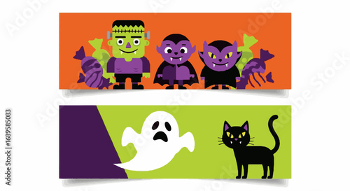 Cute Halloween banners with cartoon Frankenstein, vampires, ghost, black cat, and candy. Spooky fun vector illustration for party invites & web assets.