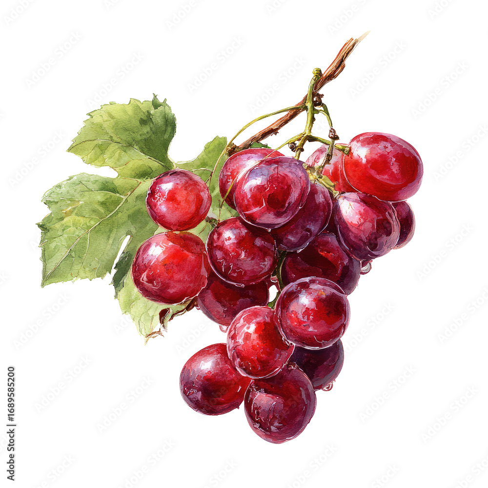Fototapeta premium A cluster of vibrant red grapes on a stem, with a leaf