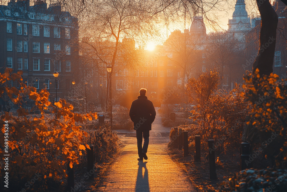 Fototapeta premium Man walking on street at sunset.