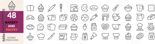 Collection of Bakery and Pastry Icons Featuring Bread, Cakes, Cookies, and Baking Equipment in a Minimalist Style