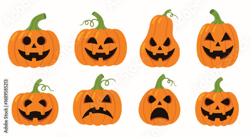 Halloween Jack-o'-Lantern Pumpkins Vector Set with Spooky Carved Faces. Autumn Holiday Decoration Assets Collection.