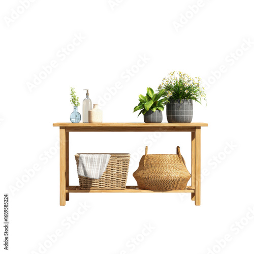 Rustic Wooden Console Table with Plants, Baskets, and Bathroom Accessories