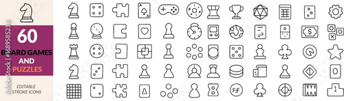 Diverse Board Games and Puzzles Icon Set Featuring Chess Pieces Dice and Jigsaw Pieces for Game Design