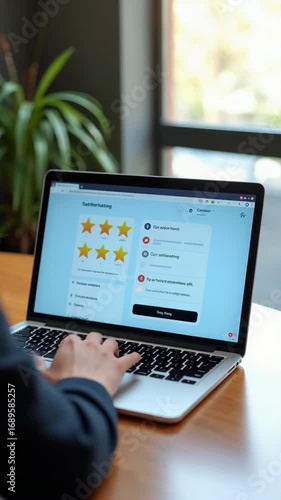 Business people or customers show satisfaction through the application on the laptop screen. By giving the most or the best satisfaction rating. Customer service satisfaction survey.