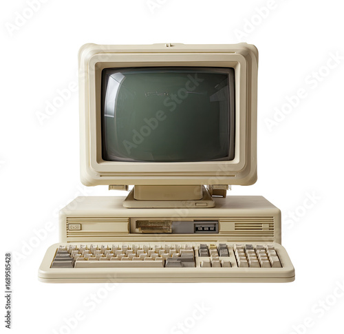 Vintage cream-colored computer.  Retro CRT monitor, keyboard, and system unit.  Simple, classic design