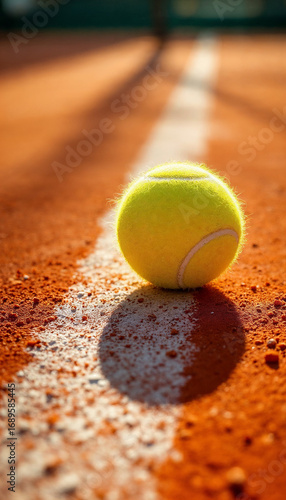 Close-up of a tennis ball on a sunlit clay court with visible texture