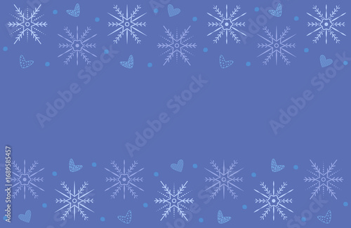 Blue background snowflakes in the sky, vector winter backdrop with falling snow and hearts, snowfall wallpaper, cold icy snowstorm banner