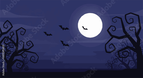 Spooky Halloween Night with Full Moon, Flying Bats, and Twisted Bare Trees in a Dark Forest Landscape. Eerie Holiday Background.