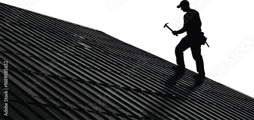 Silhouette of construction worker on metal roof with hammer, tool belt, and bright sky background—symbolizing labor, roofing, and craftsmanship