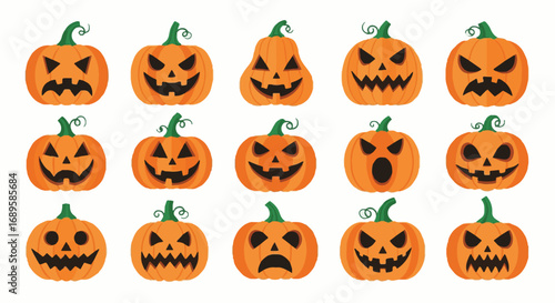Halloween Jack-o'-Lantern Pumpkins Set with Diverse Carved Faces: Scary, Spooky, Happy Expressions for Seasonal Design Assets