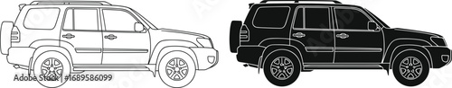 Two side-view SUV illustrations in outline and filled style, black vector design showing vehicle comparison, detail, modeling and transport concept
